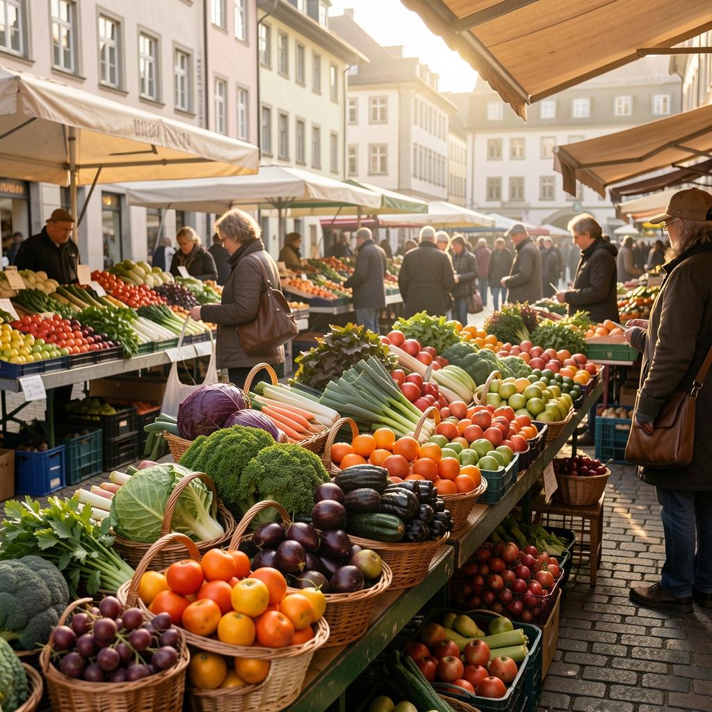 Wochenmarkt in Zürich mit frischem Obst und Gemüse in Körben, warmes Morgenlicht