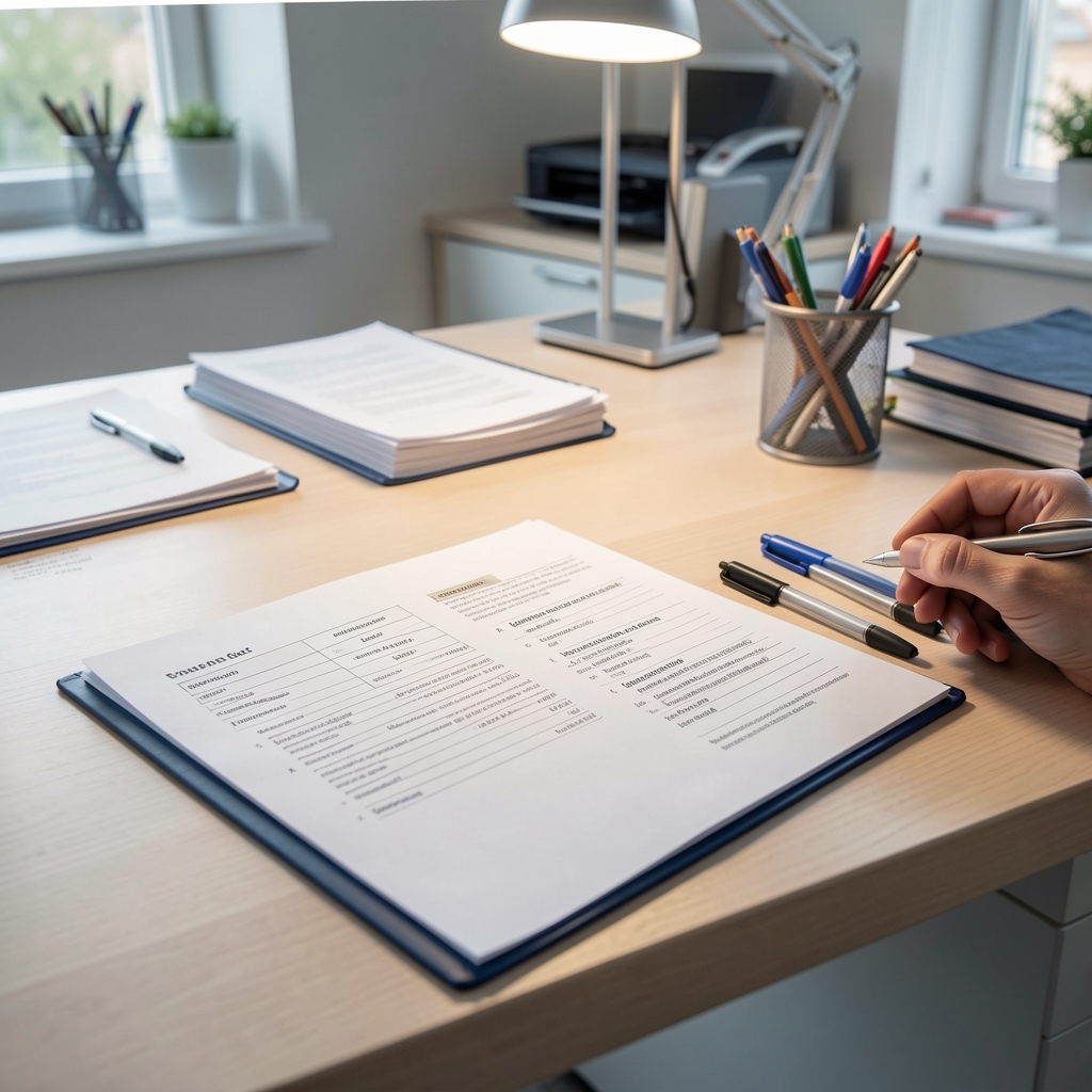 Qualitätskontroll-Umgebung mit beschrifteten Unterlagen und Stiften auf einem aufgeräumten Arbeitstisch, kontrolliertes Licht