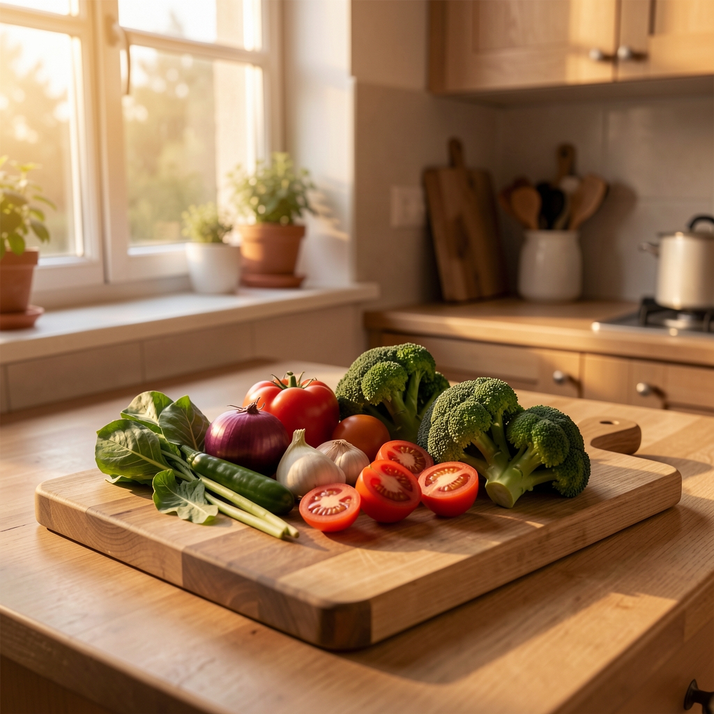 Frisches Obst und Gemüse auf einem Holzschneidebrett, Küchenumgebung, warmes Abendlicht durch ein Fenster