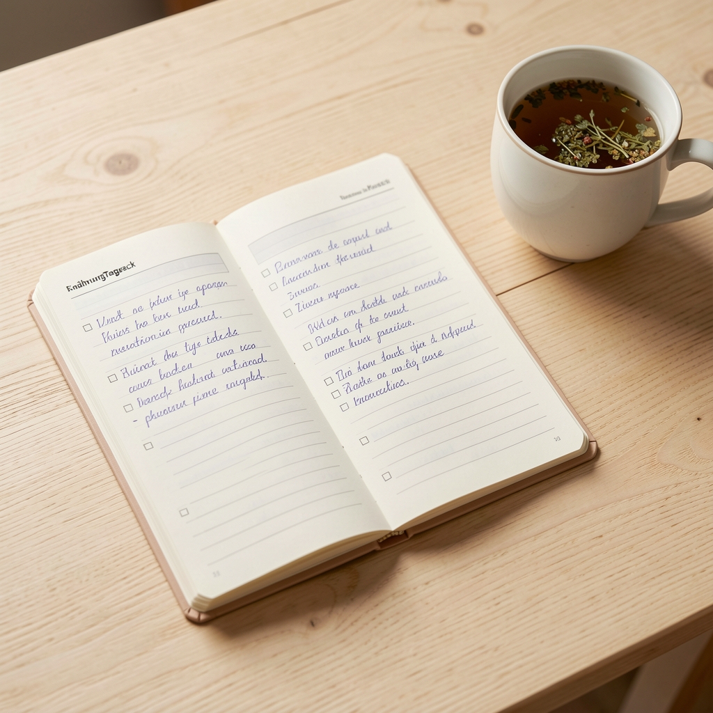 Aufgeklapptes Ernährungstagebuch mit handschriftlichen Einträgen auf einem hellen Holztisch, Tasse Kräutertee daneben