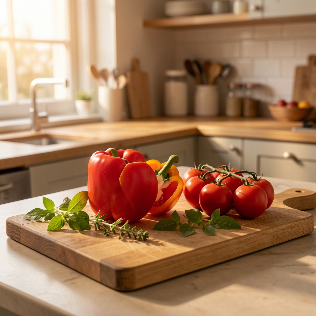 Frische Zutaten auf einem Schneidebrett, Paprika, Tomaten und Kräuter im warmen Küchenlicht