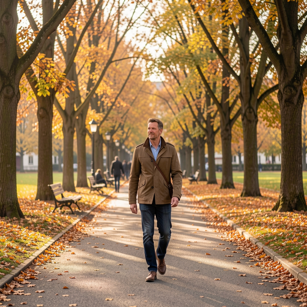 Person beim Morgenspaziergang in einem Zürcher Park, Herbstlicht zwischen Bäumen