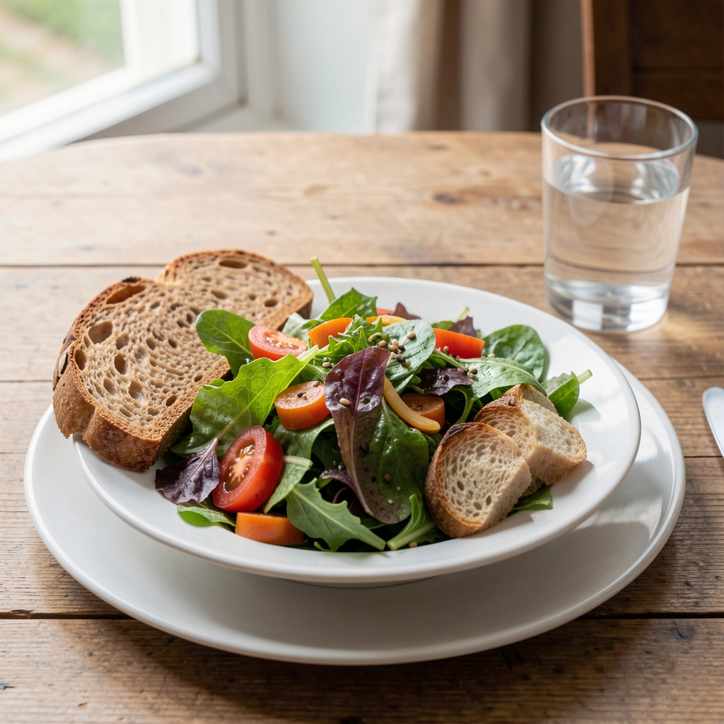 Gedeckter Tisch mit einer ausgewogenen Mahlzeit aus Salat, Vollkornbrot und Wasser in natürlichem Tageslicht